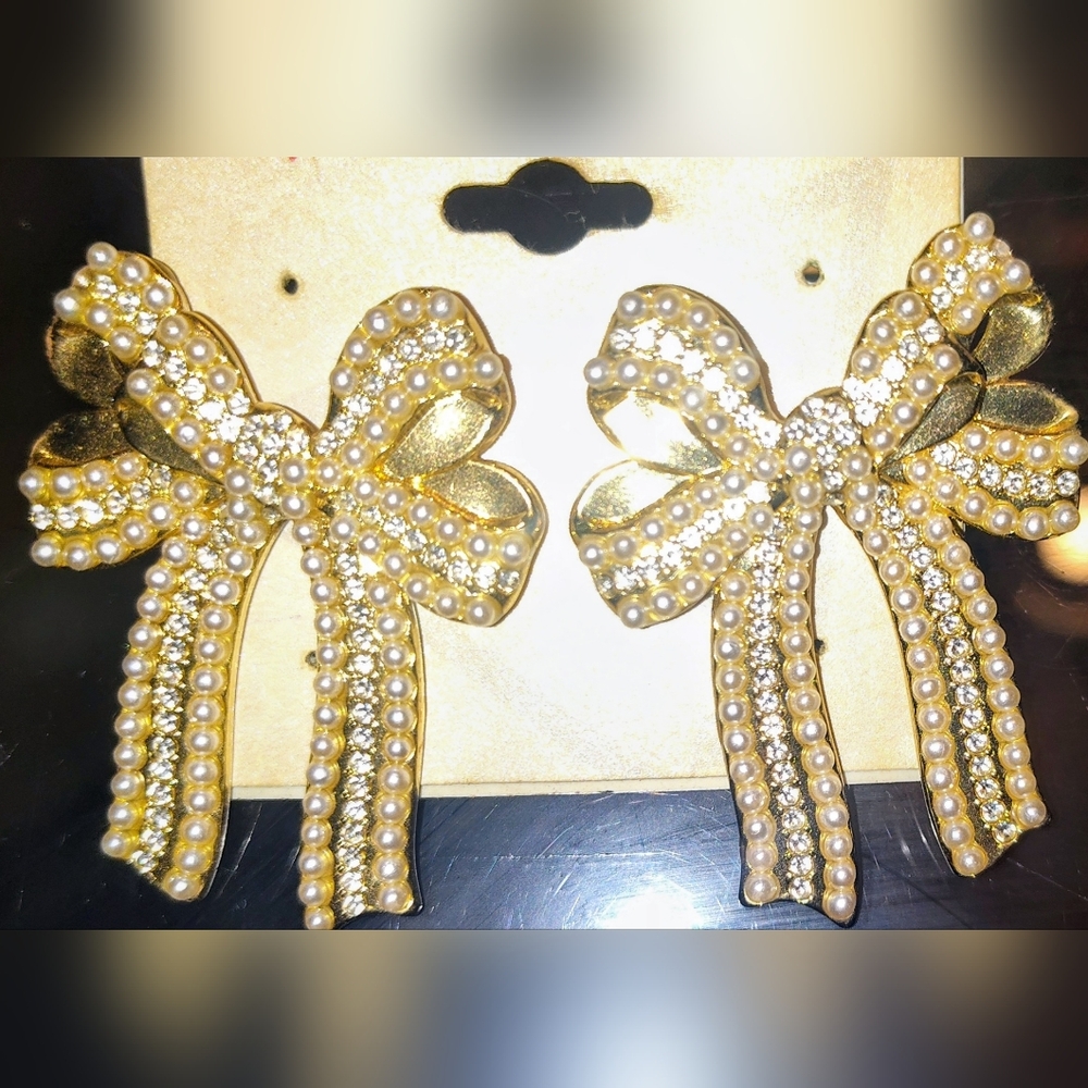 Gold and Pearl Bow Earrings. About 4"